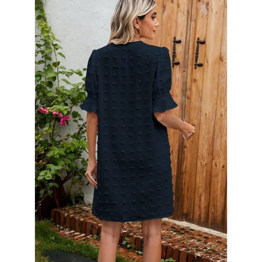 Women Royal Blue Polyester V-Neck Loose Fit Short Sleeve Knee Length Shift Dress - Picture 5 of 6